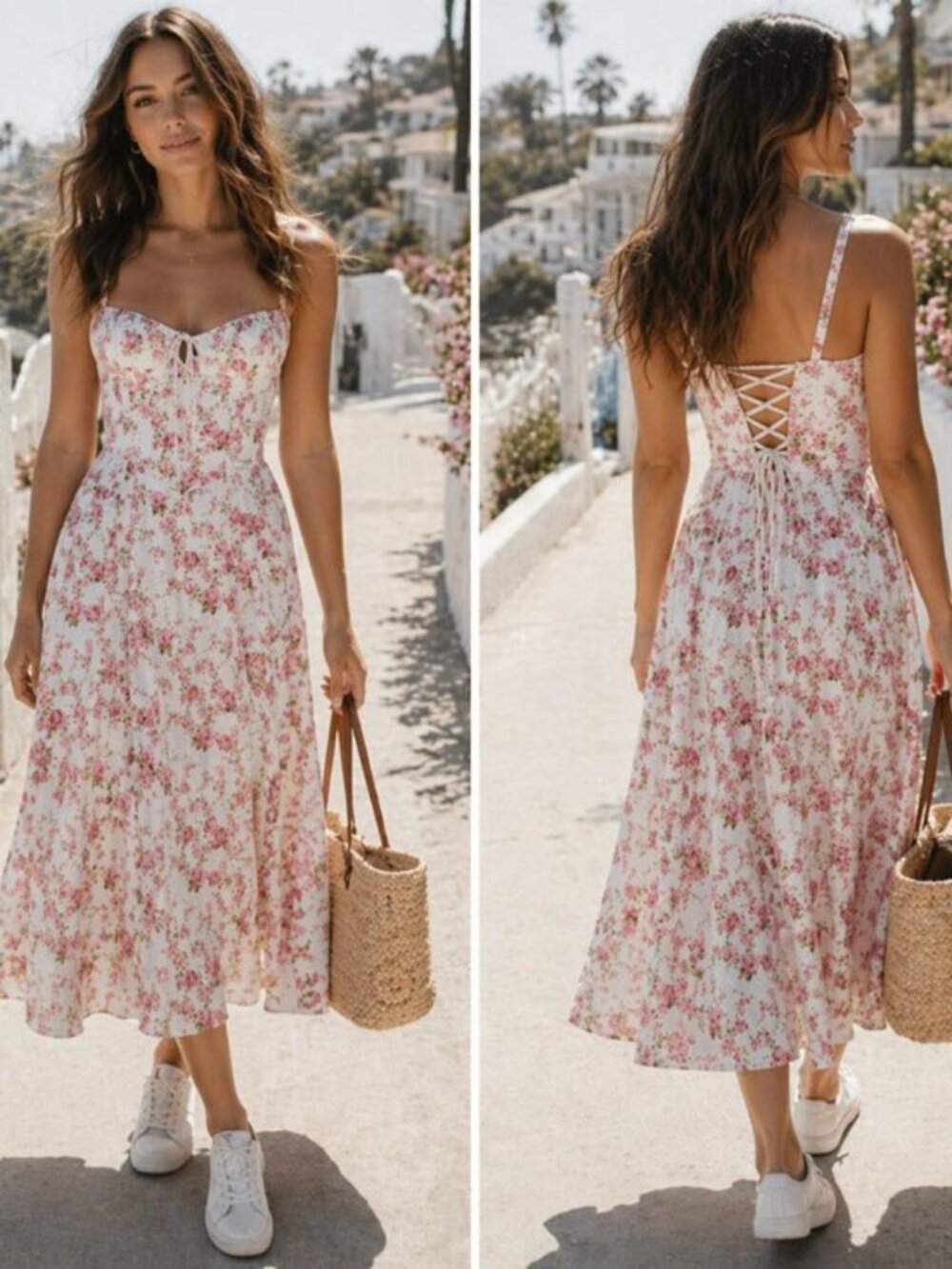 Floral Corset Midi Dress Women Sz Medium Lace Up Bustier Cottagecore Romantic